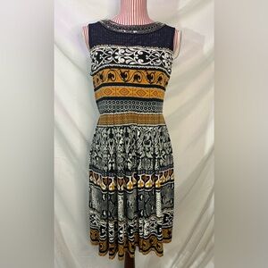 Studio One NY Navy Gold Beaded Jersey Tribal Fleur De Lis Pattern Dress Size 8